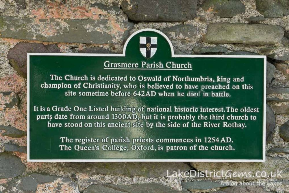 Plaque at Grasmere Parish Church