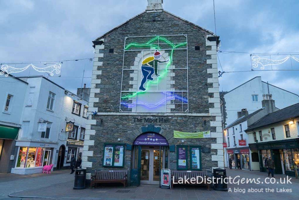 The Moot Hall with a Lake District-themed climbing light display